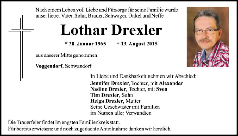  Traueranzeige für Lothar Drexler vom 17.08.2015 aus Mittelbayerische Zeitung