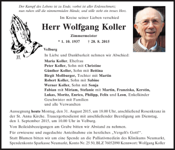 Traueranzeige von Wolfgang Koller von Mittelbayerische Zeitung