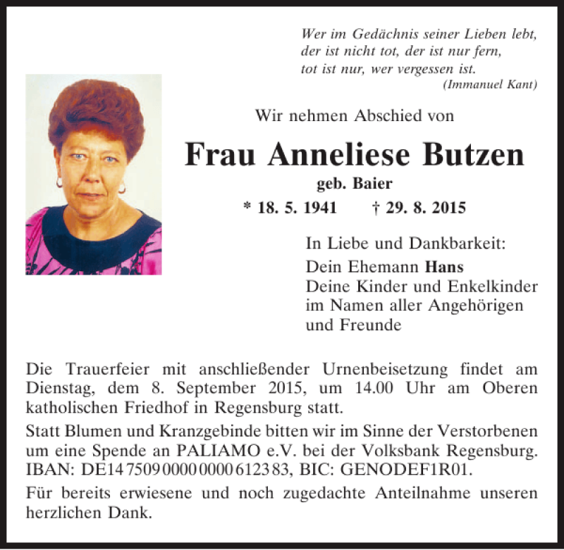  Traueranzeige für Anneliese Butzen vom 05.09.2015 aus Mittelbayerische Zeitung Regensburg