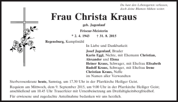 Traueranzeige von Christa Kraus von Mittelbayerische Zeitung Regensburg