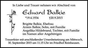 Traueranzeige von Eduard Balkie von Mittelbayerische Zeitung Regensburg