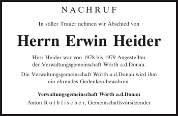 Traueranzeige von Erwin Heider von Mittelbayerische Zeitung Regensburg