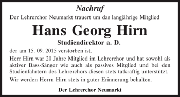 Traueranzeige von Georg Hirn von Neumarkter Tagblatt