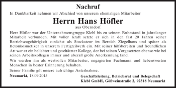 Traueranzeige von Hans Höfler von Neumarkter Tagblatt