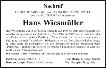 Traueranzeige von Hans Wiesmüller von Neumarkter Tagblatt