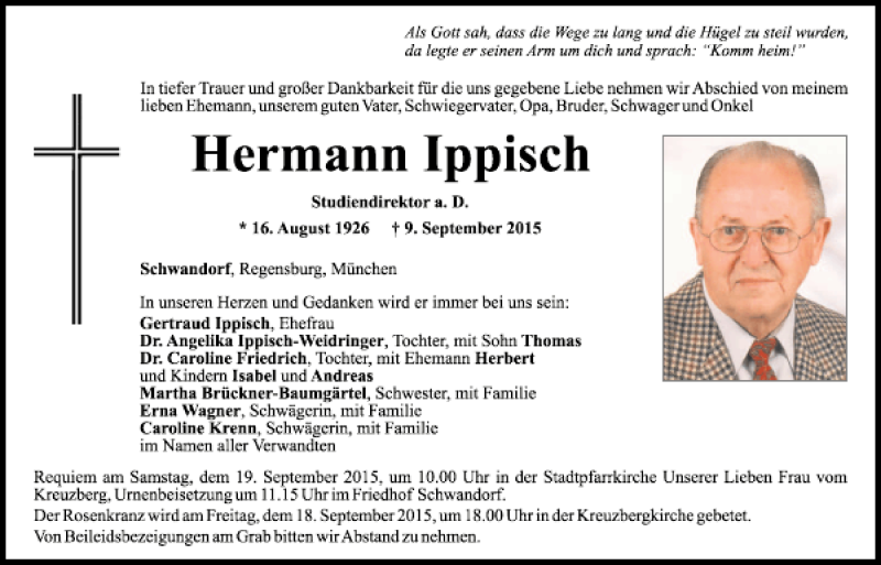  Traueranzeige für Hermann Ippisch vom 16.09.2015 aus Mittelbayerische Zeitung Schwandorf
