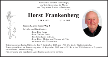 Traueranzeige von Horst Frankenberg von Neumarkter Tagblatt