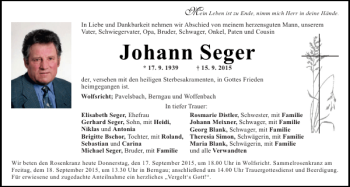 Traueranzeige von Johann Seger von Neumarkter Tagblatt