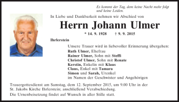 Traueranzeige von Johann Ulmer von Mittelbayerische Zeitung Kelheim