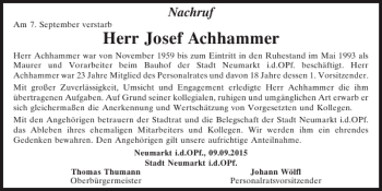 Traueranzeige von Josef Achhammer von Neumarkter Tagblatt