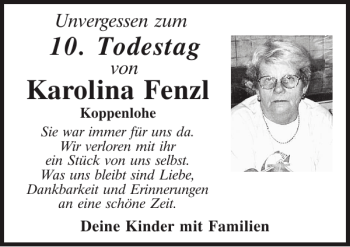 Traueranzeige von Karolina Fenzl von Mittelbayerische Zeitung Schwandorf