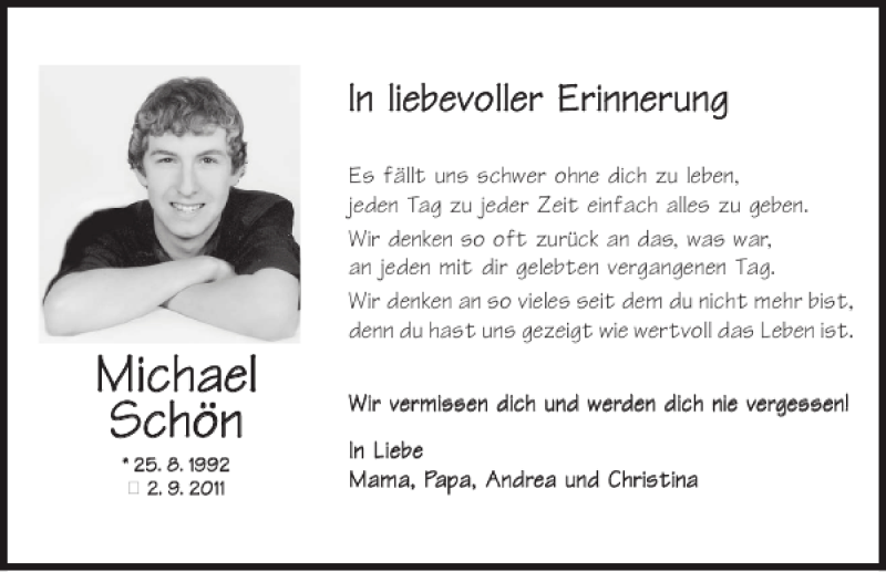  Traueranzeige für Michael Schön vom 02.09.2015 aus Neumarkter Tagblatt