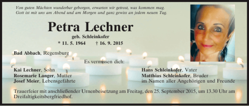  Traueranzeige für Petra Lechner vom 22.09.2015 aus Mittelbayerische Zeitung Regensburg