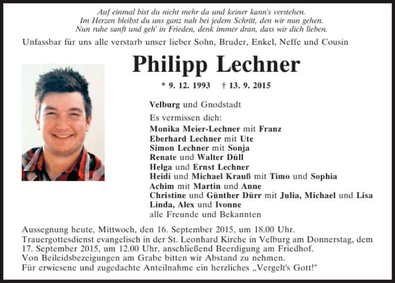  Traueranzeige für Philipp Lechner vom 16.09.2015 aus Neumarkter Tagblatt