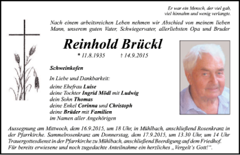 Traueranzeige von Reinhold Brückl von Neumarkter Tagblatt