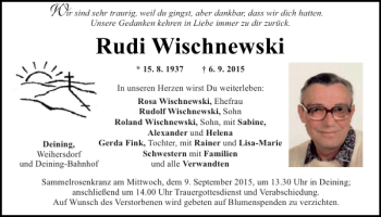 Traueranzeige von Rudi Wischnewski von Neumarkter Tagblatt