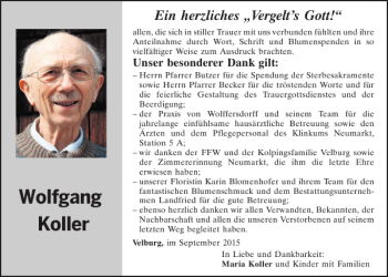Traueranzeige von Velburg Wolfgang Koller von Neumarkter Tagblatt