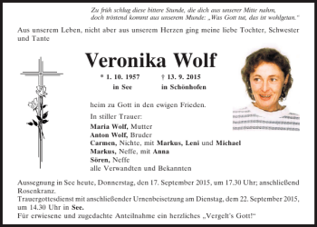 Traueranzeige von Veronika Wolf von Neumarkter Tagblatt