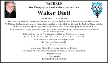 Traueranzeige von Walter Dietl von Mittelbayerische Zeitung Kelheim