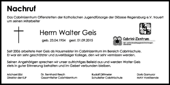 Traueranzeige von Walter Geis von Mittelbayerische Zeitung Kelheim