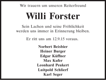 Traueranzeige von Willi Forster von Neumarkter Tagblatt