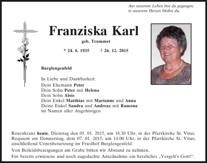  Traueranzeige für Franziska Karl vom 05.01.2016 aus Mittelbayerische Zeitung Schwandorf