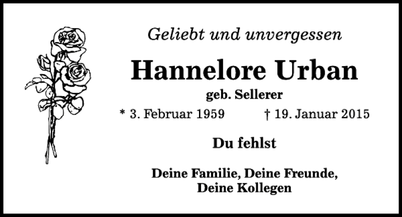  Traueranzeige für Hannelore Urban vom 19.01.2016 aus Bayerwald Echo