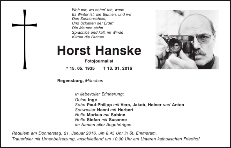  Traueranzeige für Horst Hanske vom 16.01.2016 aus Mittelbayerische Zeitung Regensburg