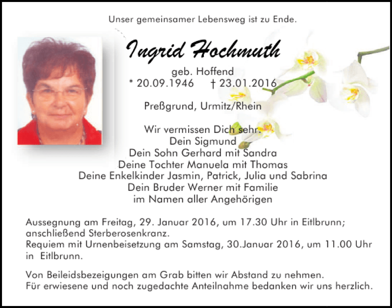  Traueranzeige für Ingrid Hochmuth vom 27.01.2016 aus Mittelbayerische Zeitung Regensburg