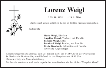 Traueranzeige von Lorenz Weigl von Mittelbayerische Zeitung Regensburg