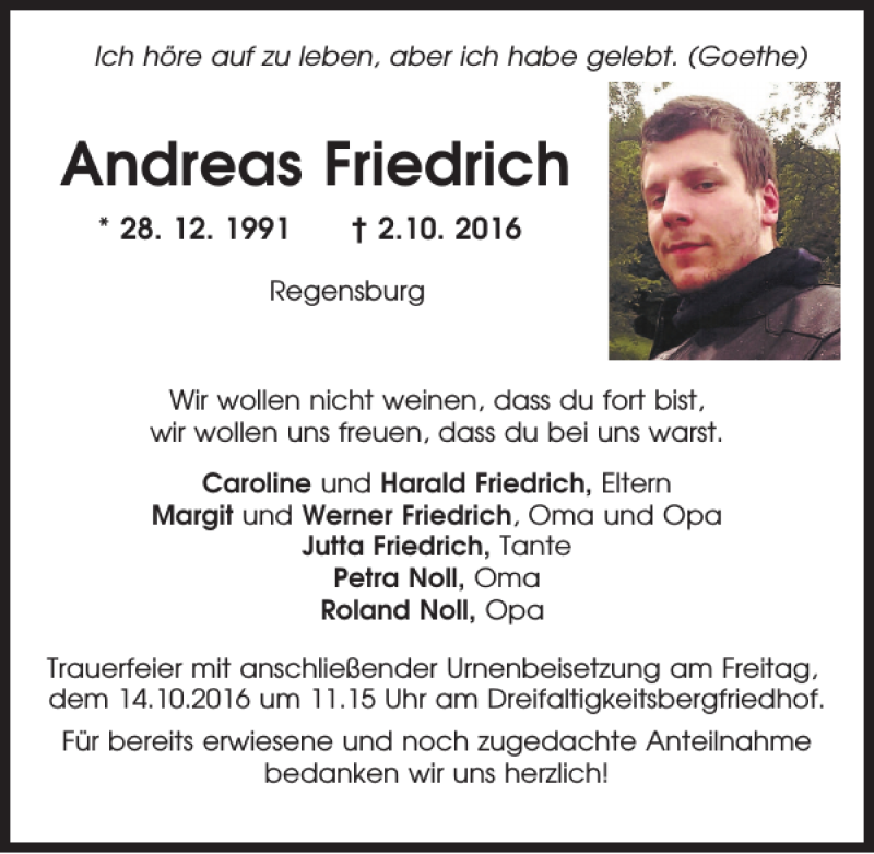  Traueranzeige für Andreas Friedrich vom 08.10.2016 aus Mittelbayerische Zeitung Regensburg