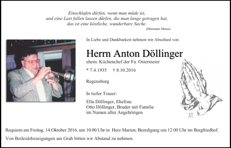  Traueranzeige für Anton Döllinger vom 12.10.2016 aus Mittelbayerische Zeitung Regensburg