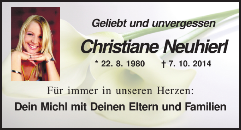 Traueranzeige für Christiane Neuhierl vom 07.10.2016 aus Mittelbayerische Zeitung Schwandorf