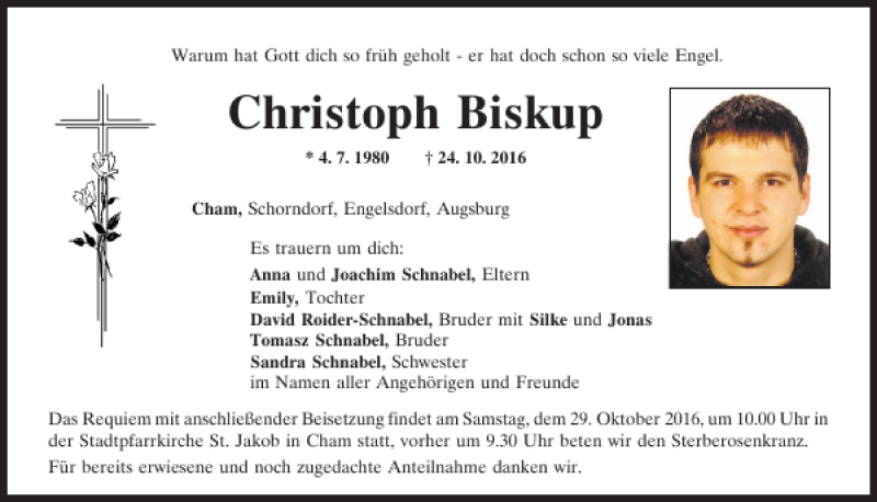 Traueranzeige für Christoph Biskup vom 27.10.2016 aus Bayerwald Echo
