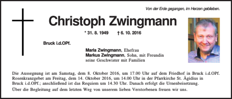  Traueranzeige für Christoph Zwingmann vom 08.10.2016 aus Mittelbayerische Zeitung Regensburg