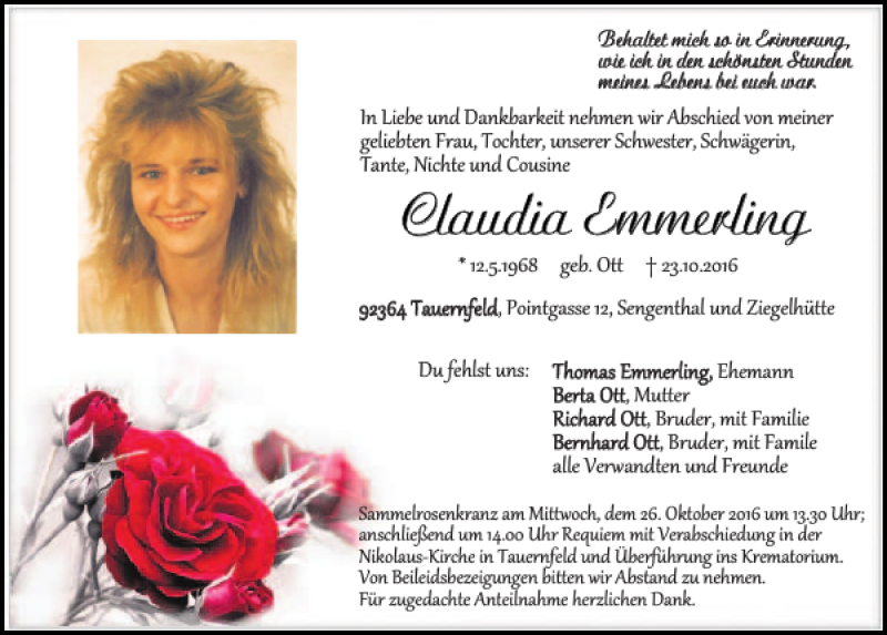 Traueranzeige für Claudia Emmerling vom 25.10.2016 aus Neumarkter Tagblatt