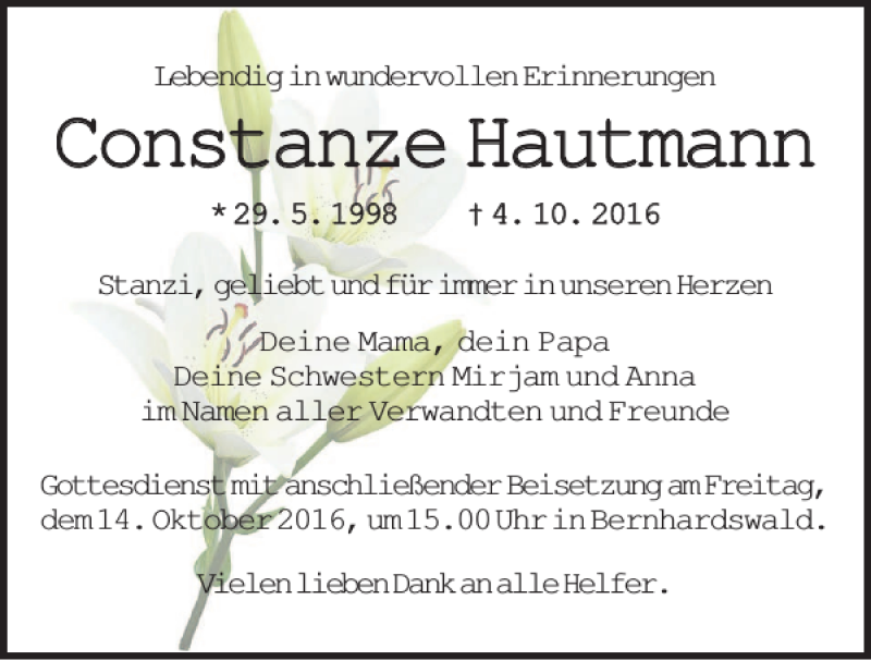  Traueranzeige für Constanze Hautmann vom 08.10.2016 aus Mittelbayerische Zeitung Regensburg