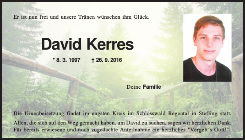  Traueranzeige für David Kerres vom 06.10.2016 aus Mittelbayerische Zeitung Regensburg