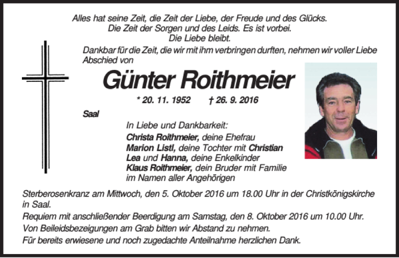  Traueranzeige für Günter Roithmeier vom 04.10.2016 aus Mittelbayerische Zeitung Kelheim