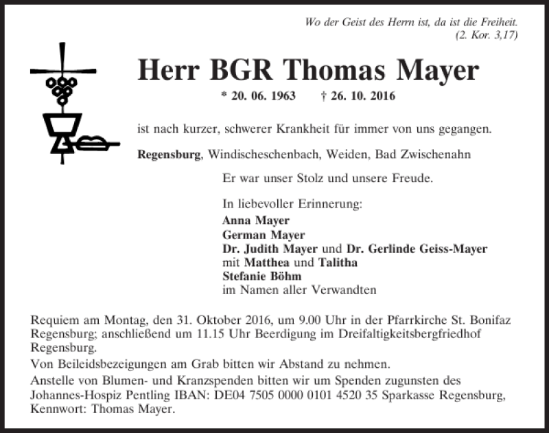  Traueranzeige für Herr BGR Thomas Mayer vom 29.10.2016 aus Mittelbayerische Zeitung Regensburg