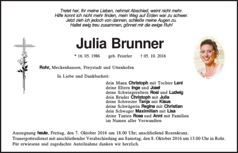  Traueranzeige für Julia Brunner vom 07.10.2016 aus Neumarkter Tagblatt