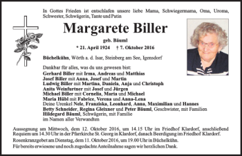 Traueranzeige von Margarete Biller von Mittelbayerische Zeitung Schwandorf