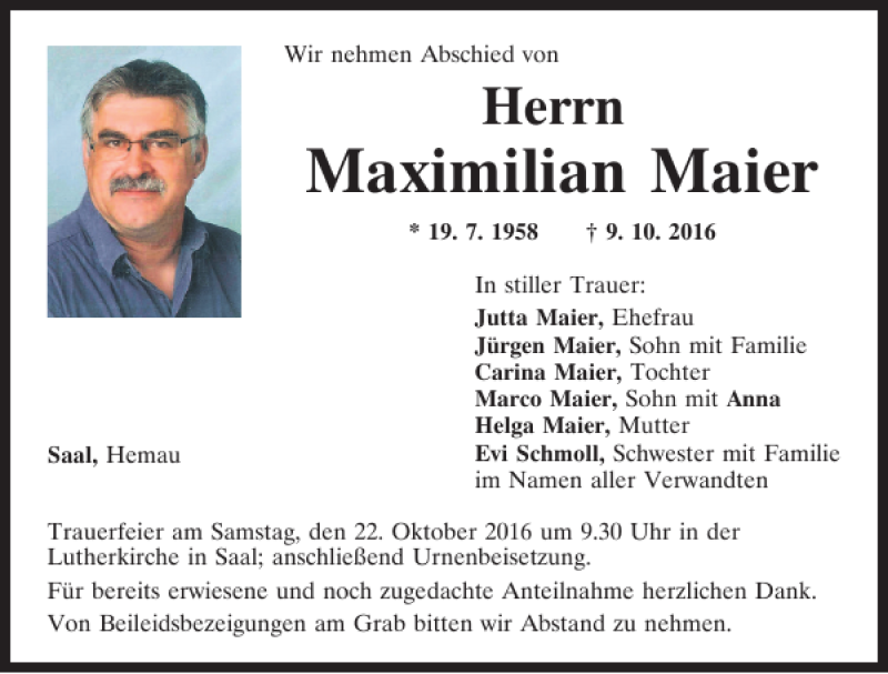  Traueranzeige für Maximilian Maier vom 20.10.2016 aus Mittelbayerische Zeitung Kelheim