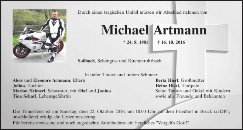  Traueranzeige für Michael Artmann vom 20.10.2016 aus Mittelbayerische Zeitung Schwandorf