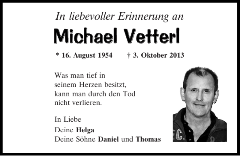  Traueranzeige für Michael Vetterl vom 01.10.2016 aus Mittelbayerische Zeitung Schwandorf