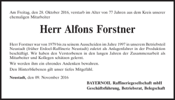 Traueranzeige von Alfons Forstner von Mittelbayerische Zeitung Kelheim