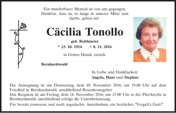Traueranzeige von Cäcilia Tonollo von Mittelbayerische Zeitung Regensburg