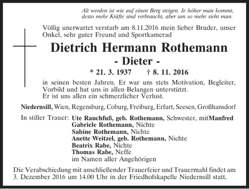  Traueranzeige für Dietrich Hermann Rothemann vom 26.11.2016 aus Mittelbayerische Zeitung Regensburg