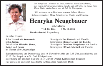 Traueranzeige von Henryka Neugebauer von Mittelbayerische Zeitung Regensburg