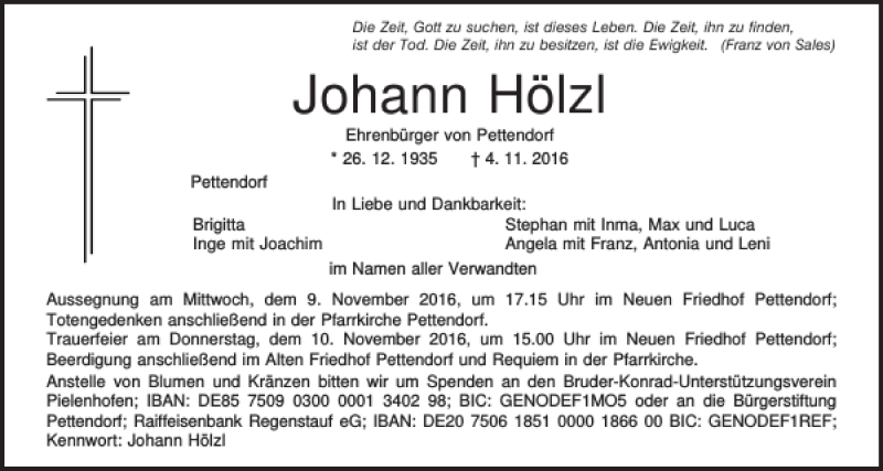  Traueranzeige für Johann Hölzl vom 08.11.2016 aus Mittelbayerische Zeitung Regensburg